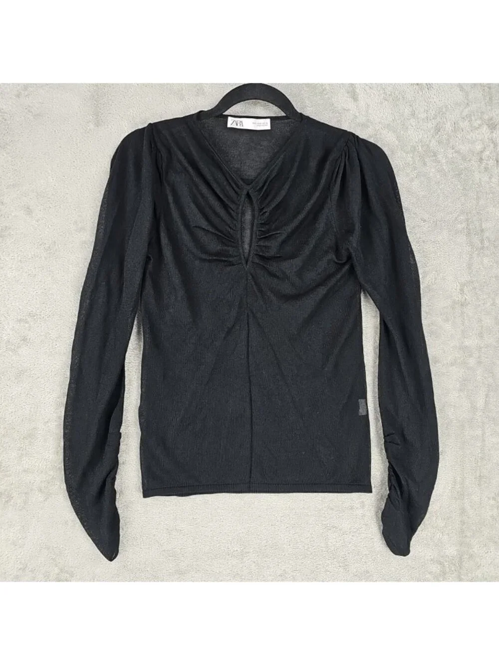 Zara Blouse Womens M Black Mesh V Neck Long Puff Sleeve Keyhole Sheer Stretch